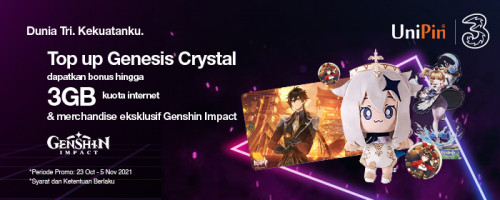 PROMO OKE (Oktober Ekstra) – Top Up Genesis Crystal dengan Pulsa Tri, Dapatkan Kuota Internet Hingga 3GB & Merchandise Genshin Impact!